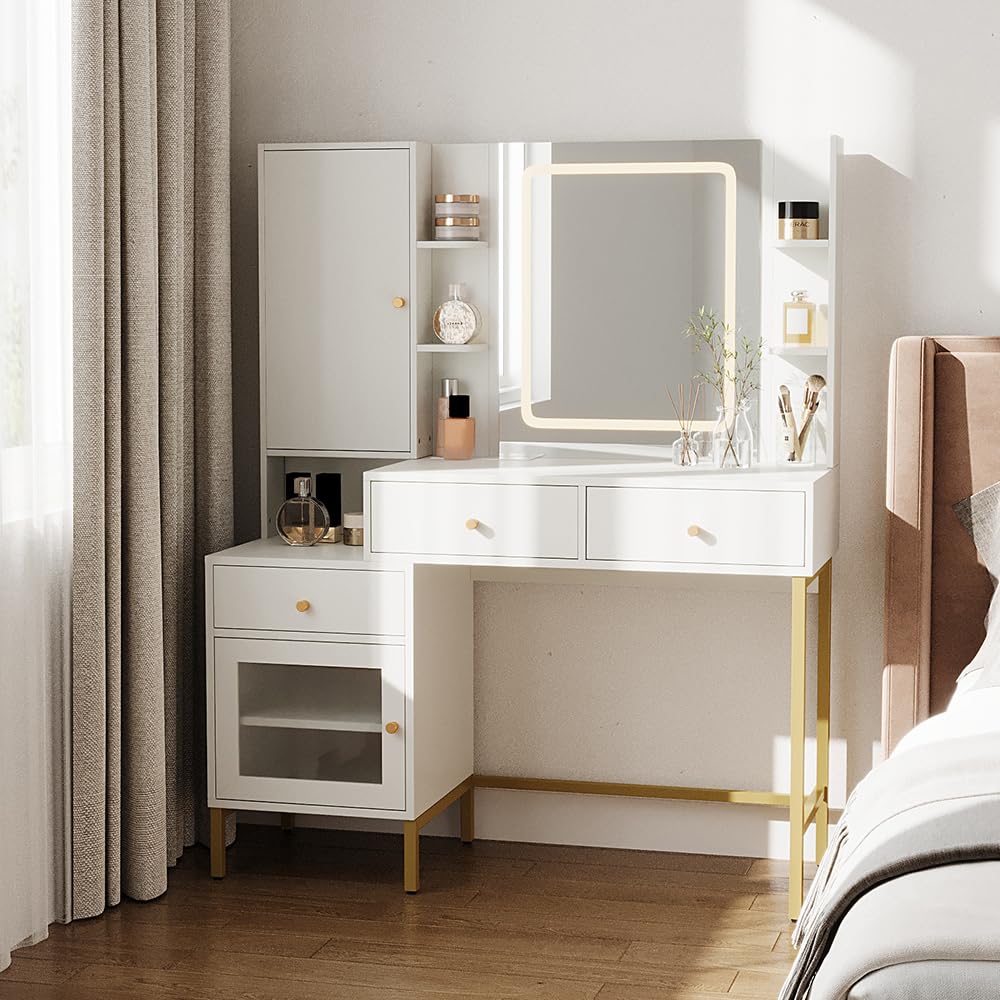 Warmiehomy Dressing Table Makeup Vanity Table with 3 Colour Adjustable LED Mirror, Vanity Desk with Power Outlet Storage Drawers & Cabinets & Open Spaces for Bedroom, White & Gold 110x40x140 cm