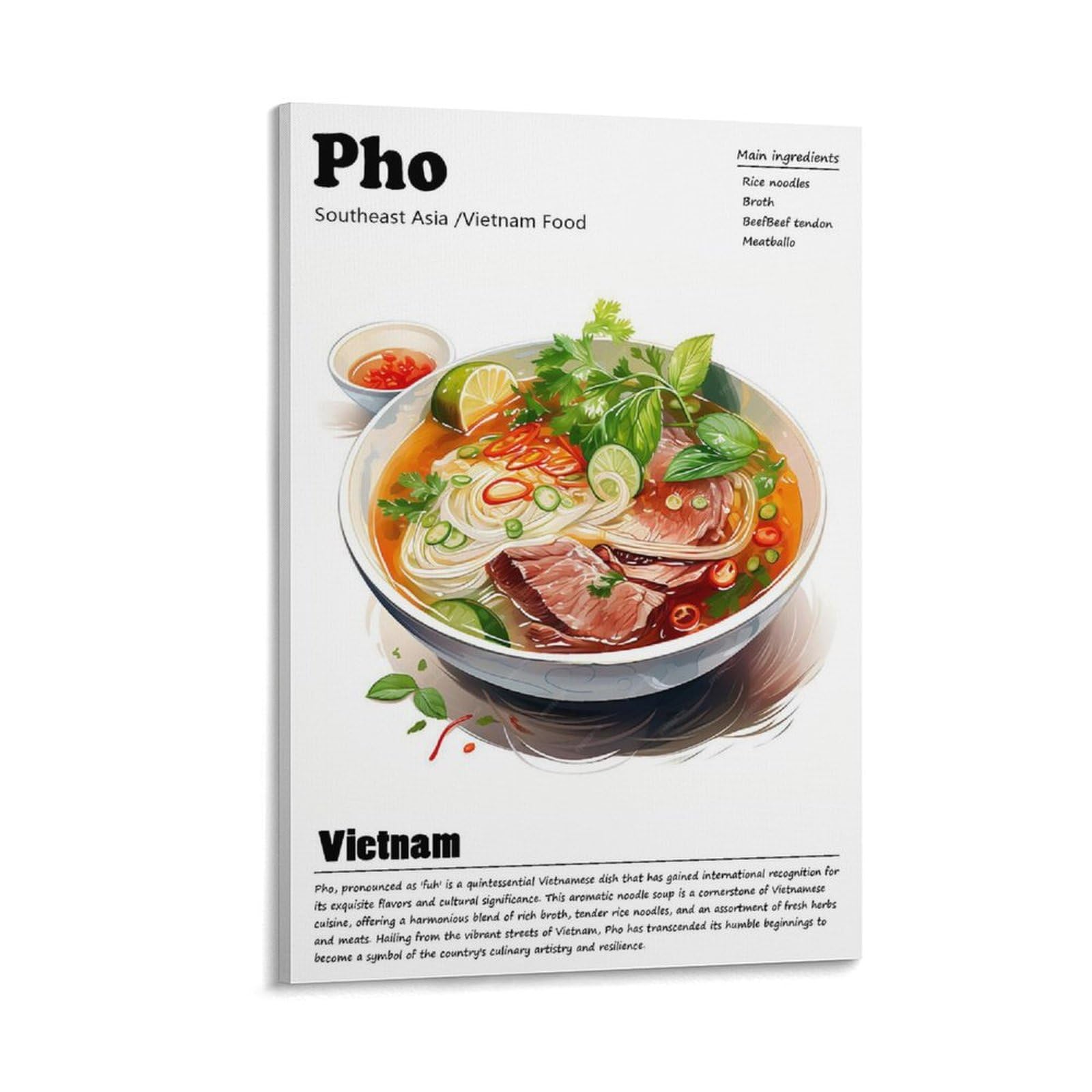 Pho Poster, Food Wall Art, Vietnamese Food Canvas Print Kitchen Poster, Modern Kitchen Wall Art Decor, Chef Poster, Pho Recipe Picture Print Canvas