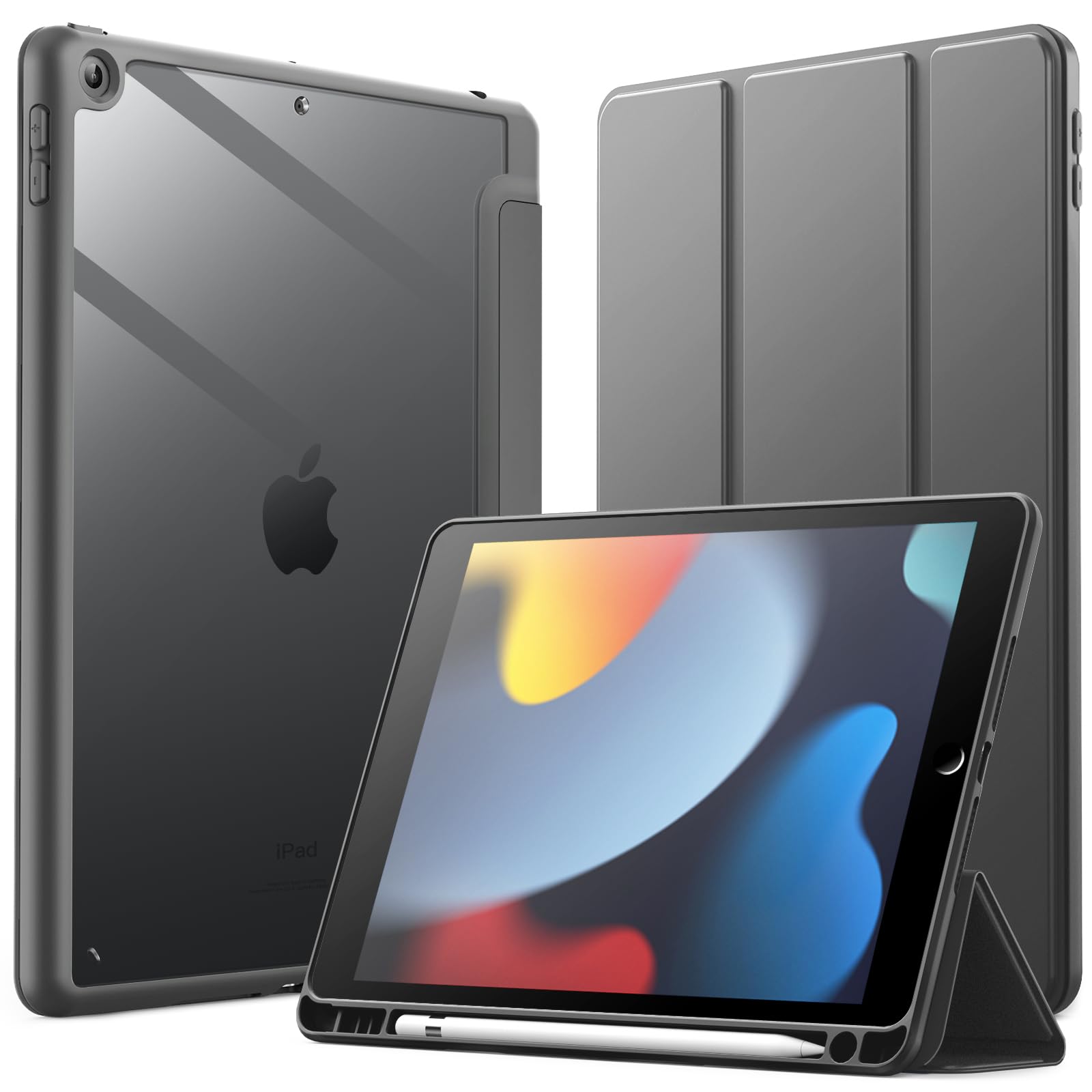 Case for iPad 10.2-Inch (9th/8th/7th Generation, 2021/2020/2019) with Pencil Holder, Clear Transparent Back Shell Slim Stand Shockproof Tablet Cover, Auto Wake/Sleep (Space Grey)