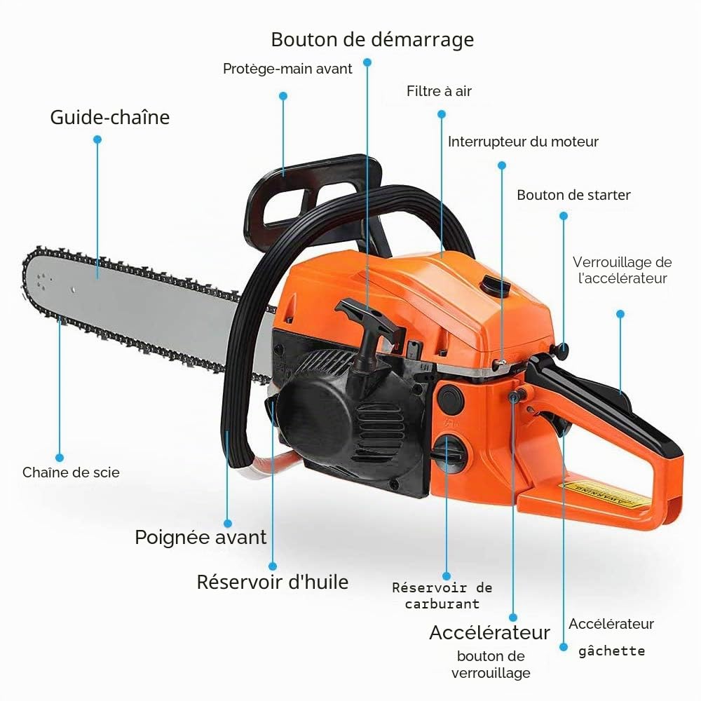Tronçonneuse à essence avec lame de 45 cm, moteur 2 temps, 52 cm³, pour couper le bois, les arbres, le jardinage (orange, 52 ccm, 45 cm)