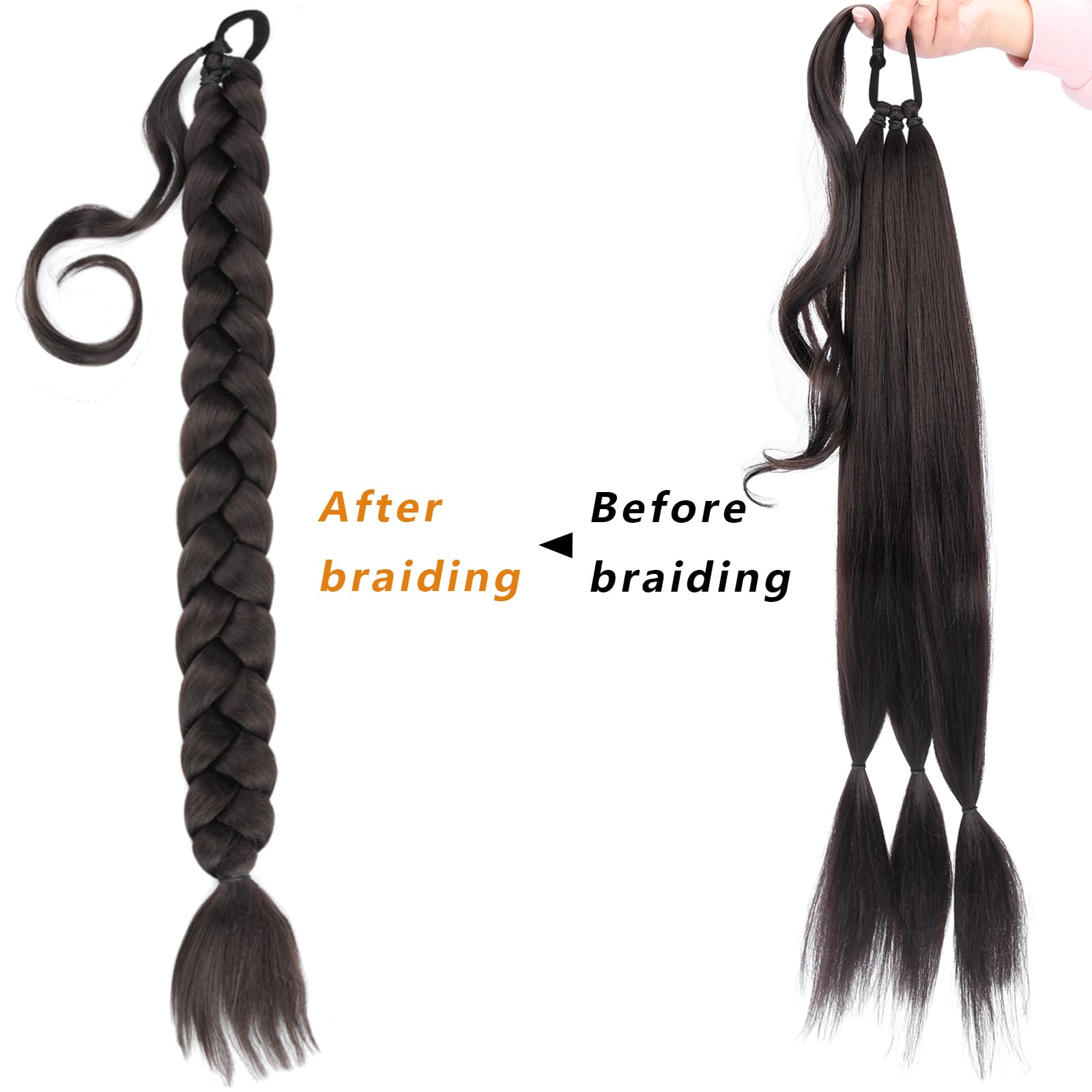Gledola Long Braided Ponytail Extension 30 Inch Pre stretched Braiding Hair Extensions DIY Braid Ponytail Synthetic Hair Piece (Deep Brown - Image 4