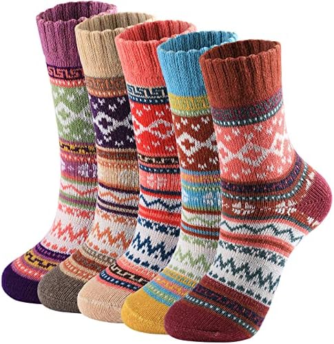 Trifabricy 5 Pairs Wool Socks - Warm Socks For Women Vintage Cozy Socks For Women Thick Knit Winter Socks, Womens Soft Crew Socks