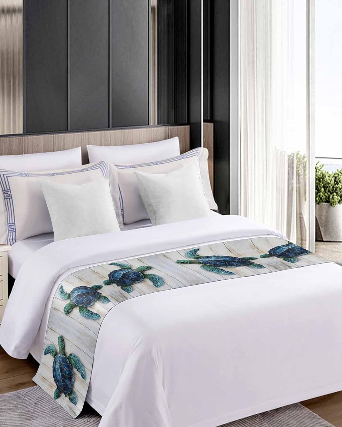 Yukro Bed Runner Scarf, Blue Sea Turtle Wood Grain Vintage Farmhouse Queen Bed Scarf Runner, No Fading Decorative Bedding Scarf for Bedroom Hotels Homes and Guestrooms
