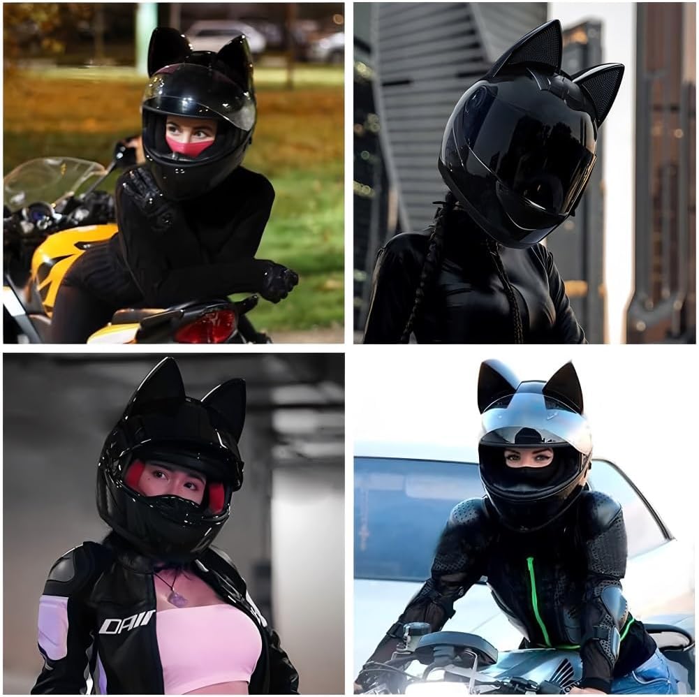 Personalized Cat Ear Bluetooth Motorcycle Helmet, DOT FMVSS-218 Certification Full Face Motorbike Helmet, Cool Cute Cat Adult Motorcycle Helmets with Bluetooth Clear Visor, for Men And Women,R,Medium