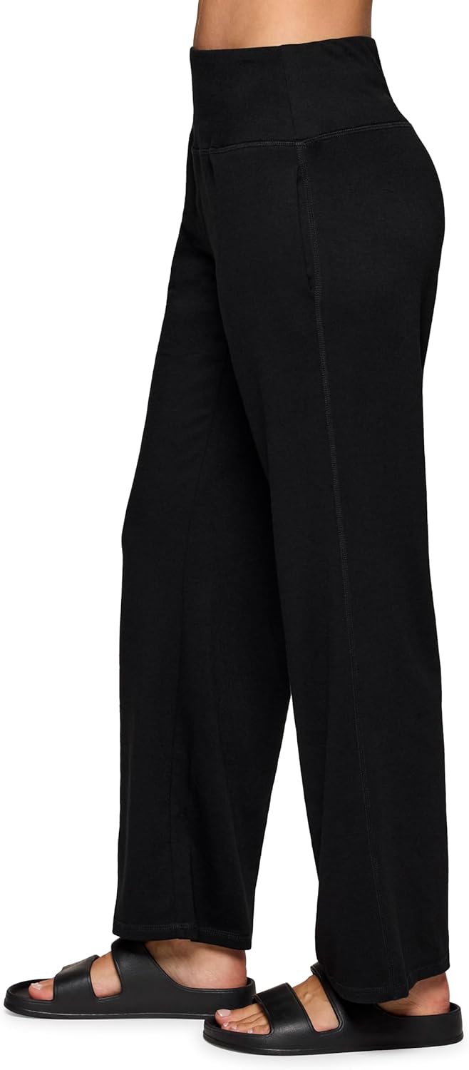 RBX Lightweight Wide Leg Pant for Women, Flat Front Waistband French Terry Lounge Pants with Pockets for Yoga, Casual Wear