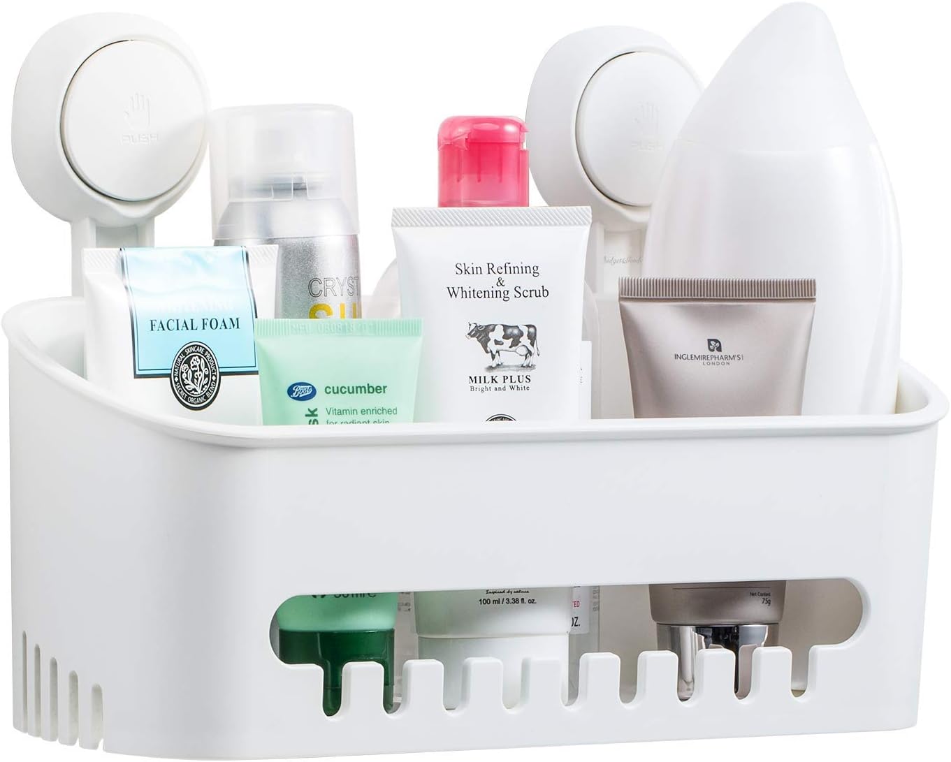 Elktry Shower Caddy Basket Powerful Vacuum Suction Cup Baskets for Shampoo Plastic Bath Wall Shelf Bath Organizer Basket Kitchen Storage Basket for Bathroom Storage Shampoo Conditioner White