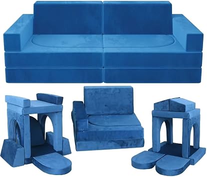 10Pcs Modular Kids Play Couch Convertible Building Fort Sofa and Cushion Child DIY Floor Sofa for Sleeping Playroom Bedroom for Boys and Girls Blue