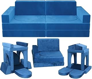 10Pcs Modular Kids Play Couch Convertible Building Fort Sofa and Cushion Child DIY Floor Sofa for Sleeping Playroom Bedroom for Boys and Girls (Blue)