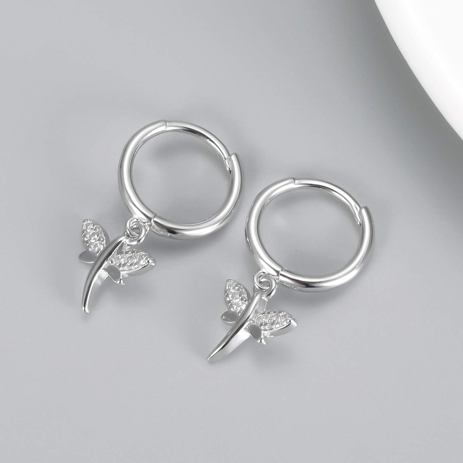 Dainty Dangle Hoop Earring for Women - Small Huggie Hoop Earrings Sets with Butterfly, Bee, Key Charm in 925 Sterling Silver or 18K Gold Plated - Image 4