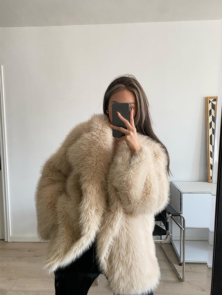 Shaggy Overcoat Outerwear Beige Faux Fur Warm Coat Women's Fashion Puffy Fur Jacket Sweater - Image 2