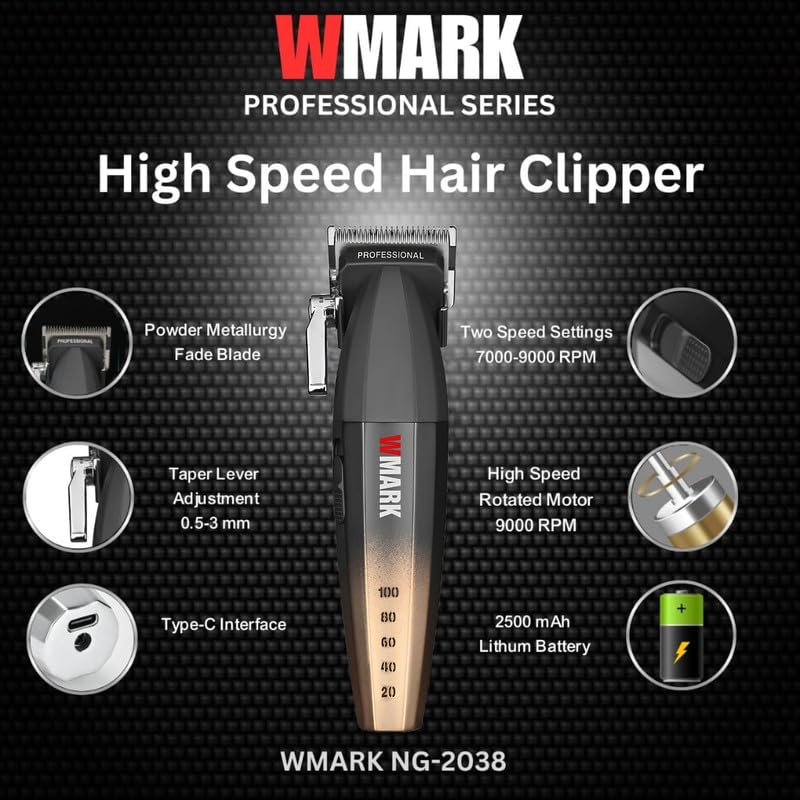 Image of WMARK Ultra Premium Professional 9000 RPM 2 Speed Hair Clipper Set Zinc Alloy Body Digital Display 6 Guide Comb Taper Lever Cutting Cape Cleaning Brush Hair Brush Hair Sticker 180 min, Model 21