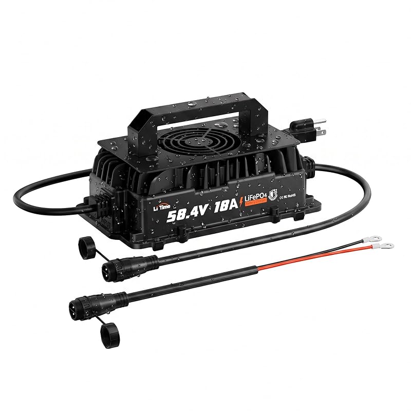 Carregador de Bateria de Lítio LiTime 48 V 18 A para LiFePO4, Saída 58,4 V, IP65, AC-DC