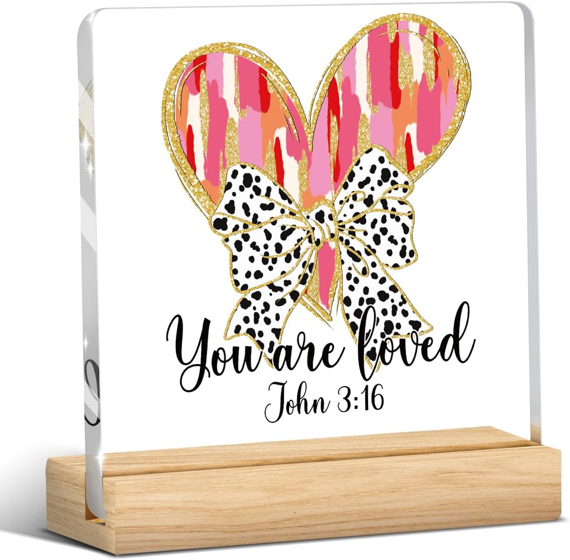 Valentines Day Decorations, Valentines Day Gifts for Her Him, Gift for Boyfriend Girlfriend Husband Wife, John 3:16 Pink Love Bow Christian Acrylic Sign with Wooden Stand, Bedroom Office Desk Decor
