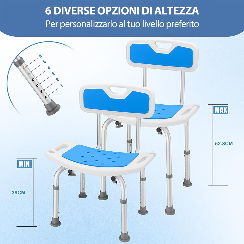 BAKAJI Taburete de ducha con respaldo para personas mayores, discapacitados y personas con movilidad reducida, estructura de aluminio antideslizante, silla orificios de drenaje y altura ajustable