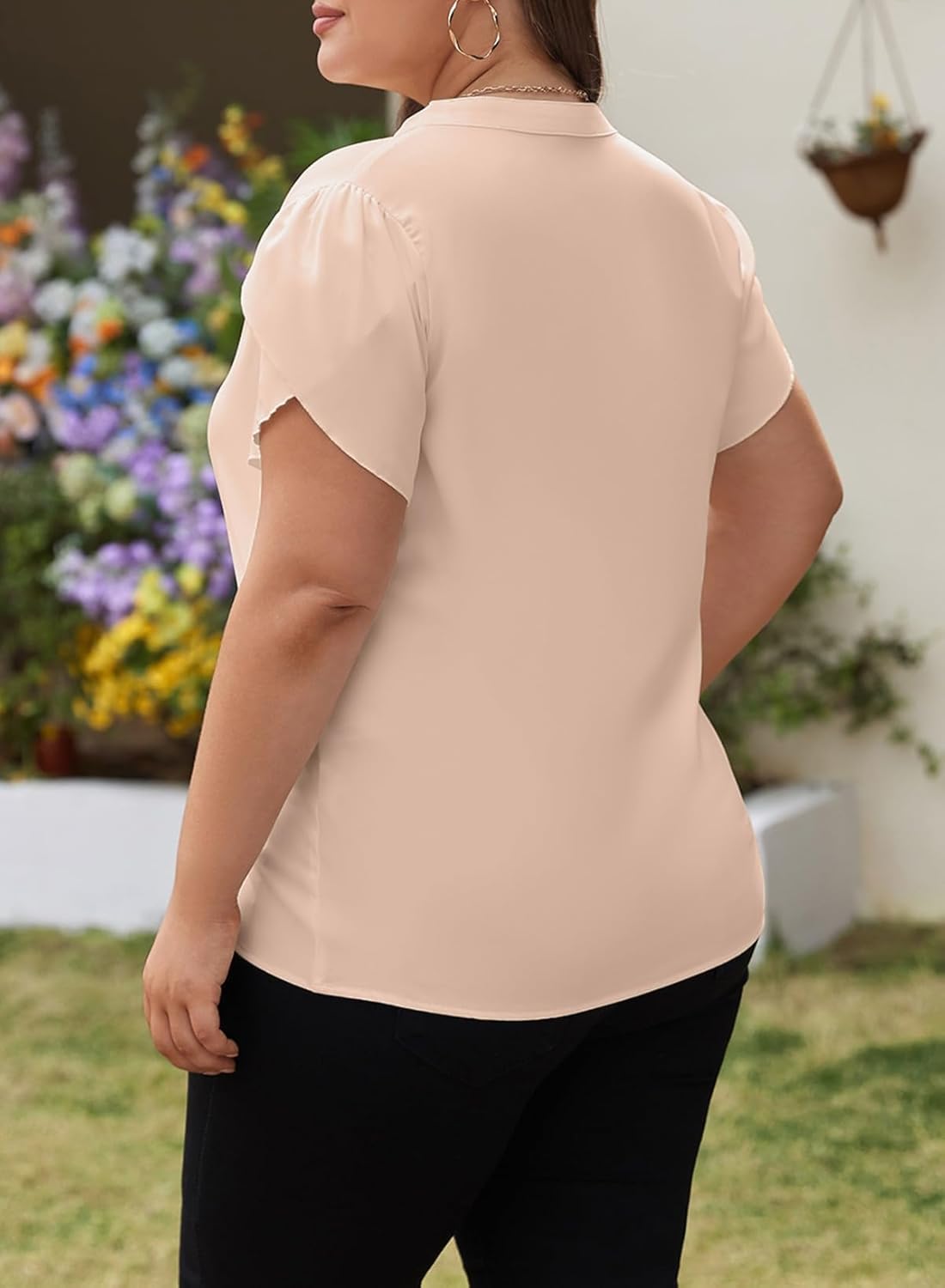 Eytino Women Plus Size Shirts Summer V Neck Petal Sleeve Business Work Dressy Blouse Tops(1X-5X) - Image 2