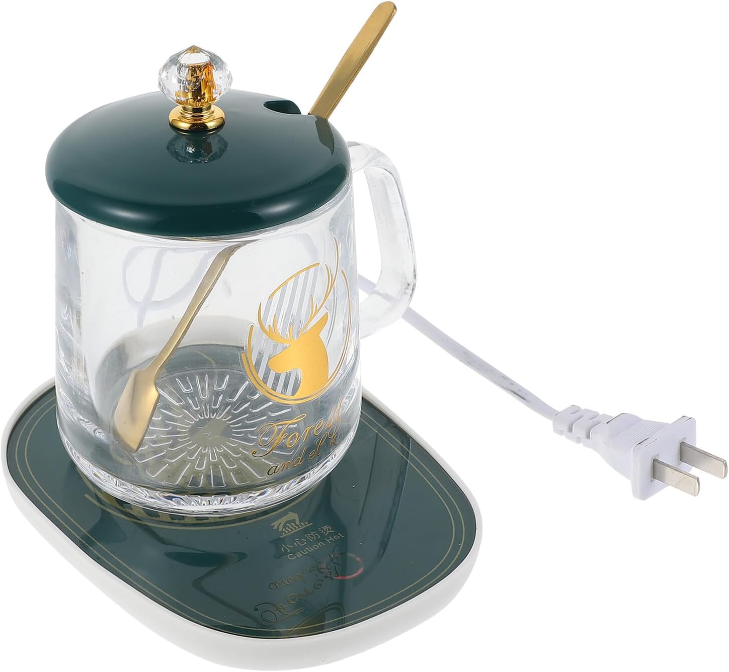 Creative Coffee Warmer with Heating Ceramic Coaster and Glass Mug in Dark Green US Plug for Office Desk Home Dorm Keeps Coffee Tea Cocoa Milk Warm Anytime
