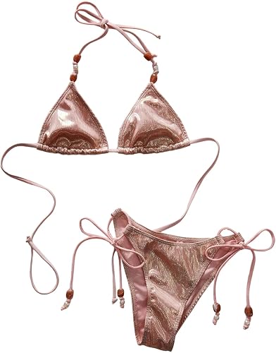 SweatyRocks Women's Two Piece Metallic Triangle Bikini Set Halter String Tie Sid