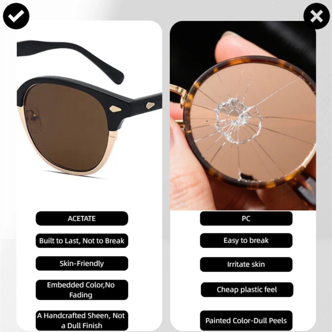 Occhiali da sole da donna Retro Classic Half Metal Round Frame Occhiali da sole da uomo Rivetto Metallo Acetato Uv400