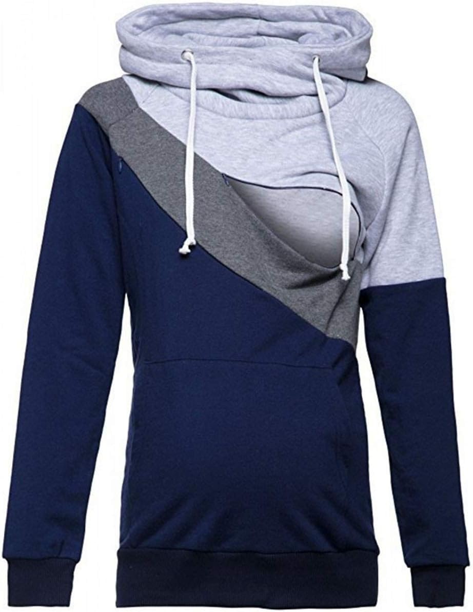 Sexyshine Womens Breastfeeding Maternity Nursing Hoodie Sweatshirt Long Sleeve Patchwork Zipper Pullover Top