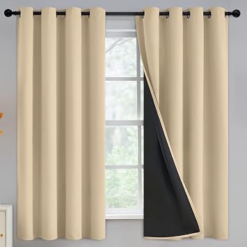 Thermal Insulated 100% Blackout Curtains for Bedroom with Black Liner, Light Blocking Drapes with Black Backing, Thermal Insulated Solid Grommet Panels for Living Room, 52Wx63L, Beige, 2 Panels