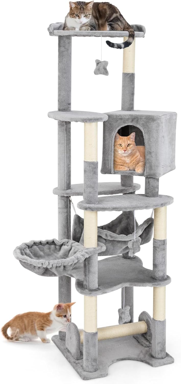 Tangkula Tall Cat Tree, 69 Inch Multi-Level Cat Tower with Sisal Scratching Post, Private Condo, Wide Top Perch, Cozy Hammock, Rotatable Basket, Cat Climbing Tower for Indoor Cats Large Adult
