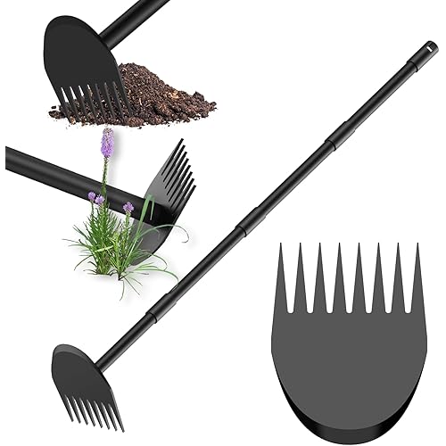 Hoe Garden Tool, Weeder Tool for Yard Long Handle, 17 to 60 Inch Adjustable Garden Hoe with 8-Tooth Rake, 2 in 1 Hoe Gardening Tools for Weeding, Loosening Soil