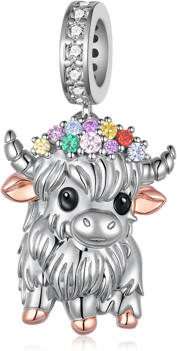 Highland Cow Charm Bracelet - 925 Sterling Silver Scottish Animal Charms, Highland Cow Gifts, Hypoallergenic Jewelry for Women