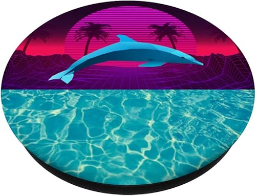 Miniatura 3 de Vaporwave Dolphin Sunset Palm Retrowave Synthwave PopSockets agarre y soporte para teléfonos y tabletas