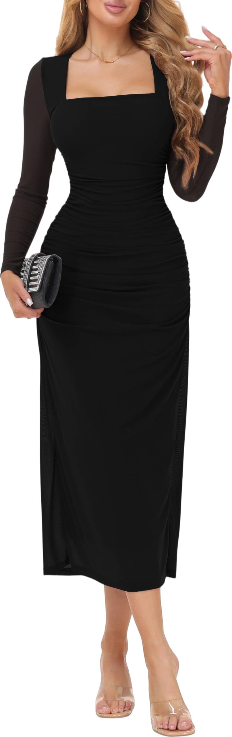 ELFIN Damen Kleider Elegant Mesh Langarm Bodycon Maxi Kleid Partykleid