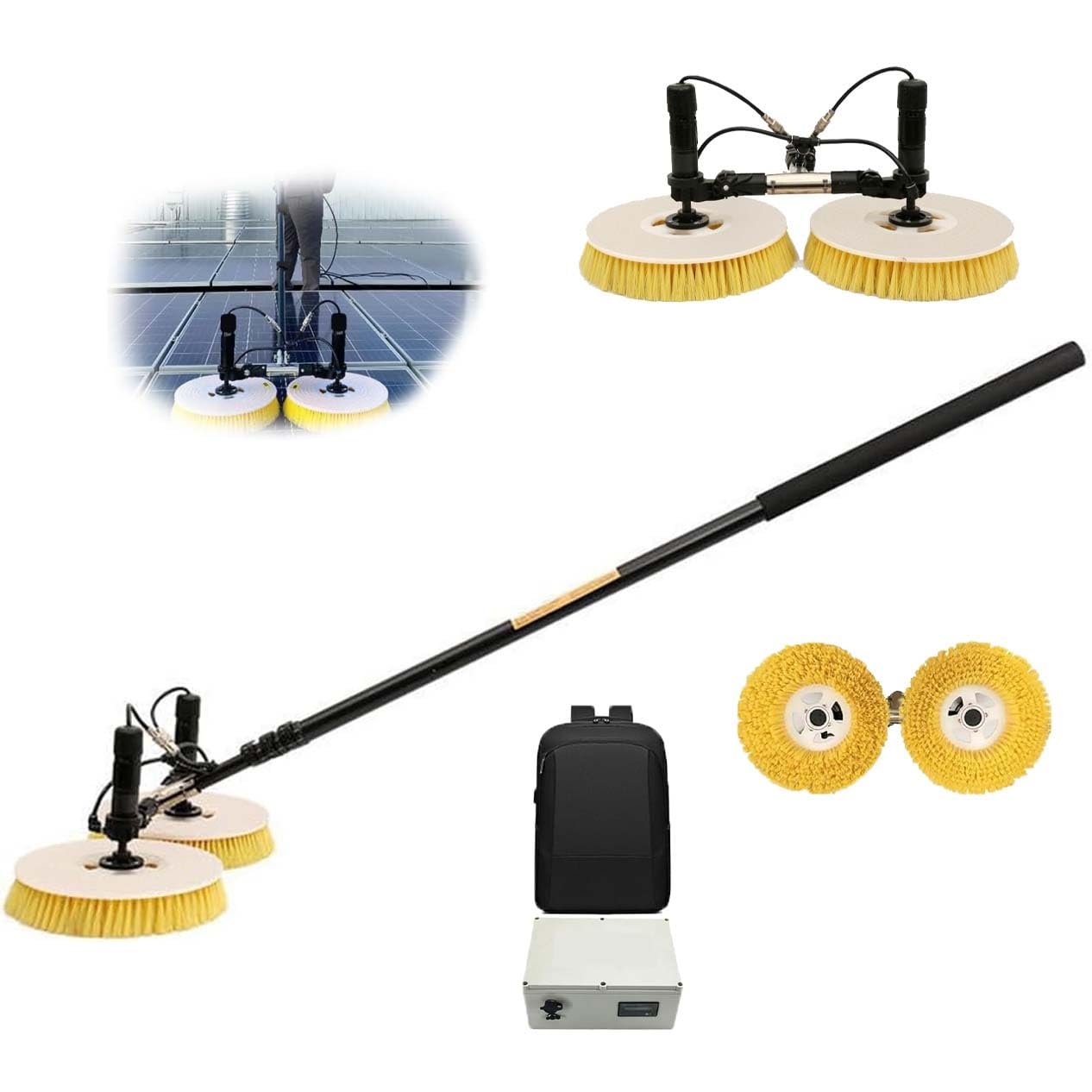 Profesjonalny zestaw szczotek do czyszczenia solarnego – podwójne szczotki, aluminiowe szczotki, akumulator + adapter AC, do dużych powierzchni (cel, 3,5 m)