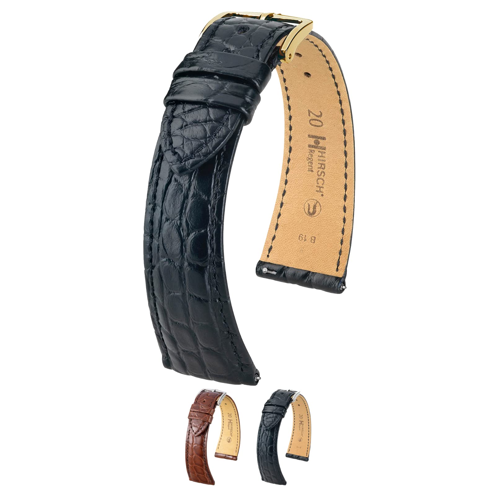HIRSCH HHirsch Regent Alligator Watch Strap - Black - M - 18mm / 16mm - Shiny Gold Buckle - Alligator Flank Leather Band