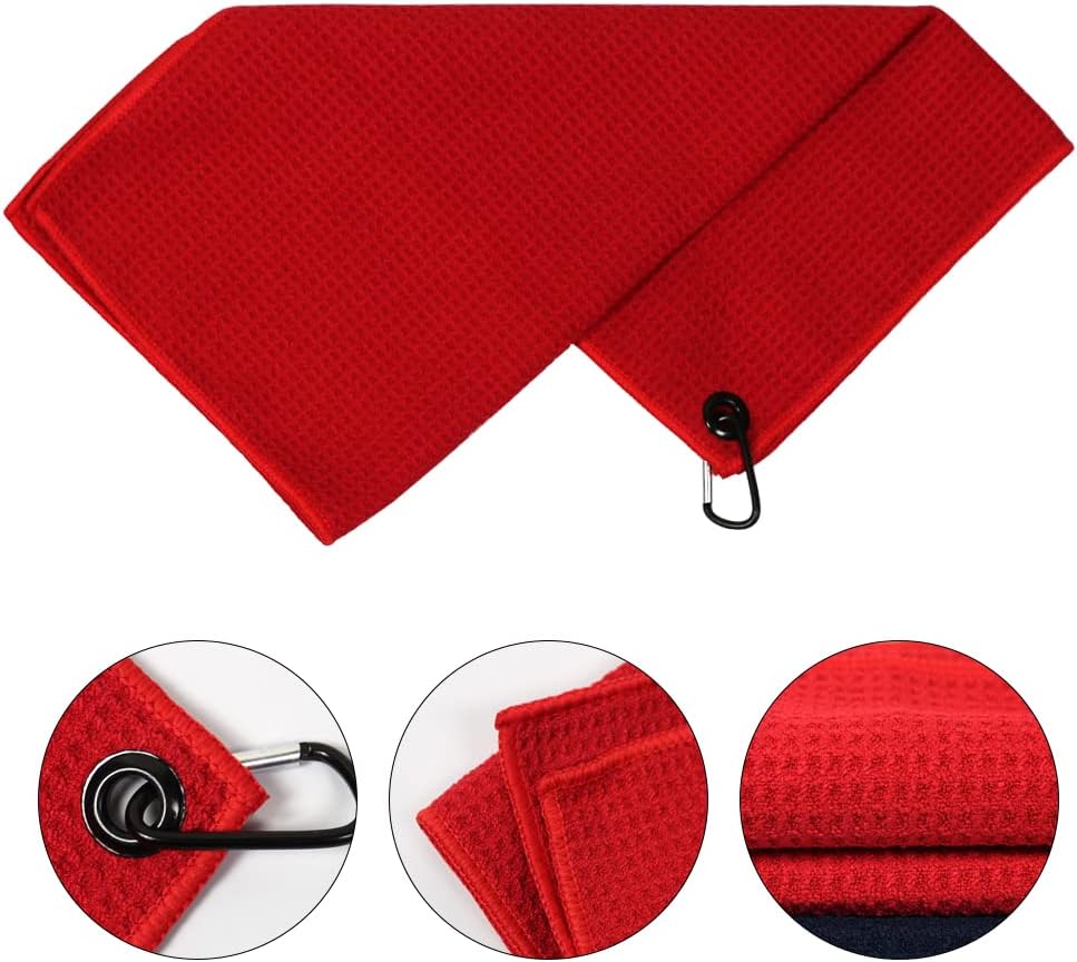 Myartte 2pcs Golf Towels for Golf Bag for Men Women Golfer Microfiber Fabric Waffle Pattern 16’’×16’’(Red) - Image 2