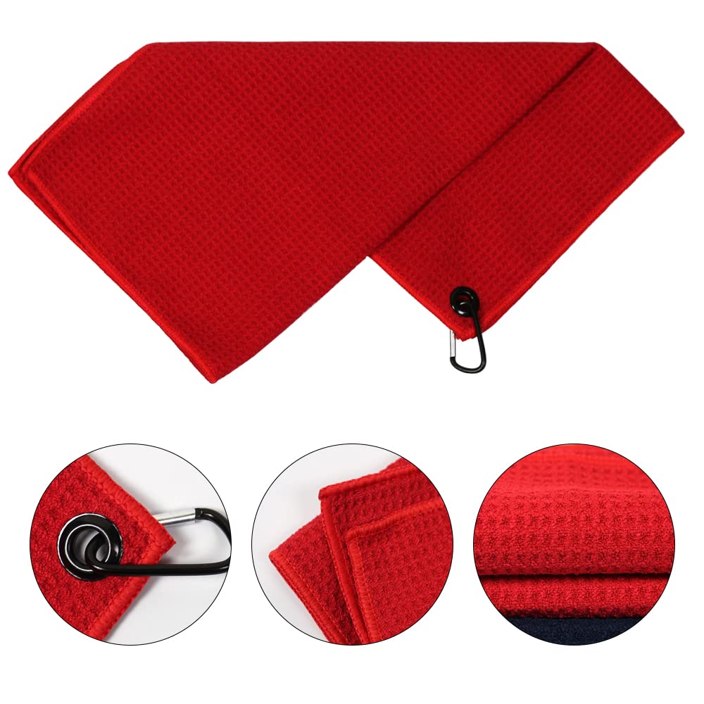 Myartte 2pcs Golf Towels for Golf Bag for Men Women Golfer Microfiber Fabric Waffle Pattern 16’’×16’’(Red)
