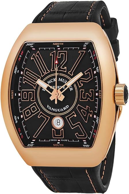 Franck Muller Vanguard Mens 18K Rose-Gold Case Black Face Automatic Date Black Rubber Strap Swiss Watch V 45 SC DT 5N NR