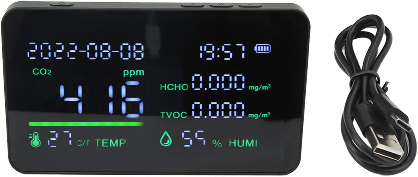Air Quality Monitor CO2 Detector USB Charging Carbon Dioxide HCHO Temperature Humidity Detector with Large Screen Display Infrared for Various Indoor Spaces (Black)