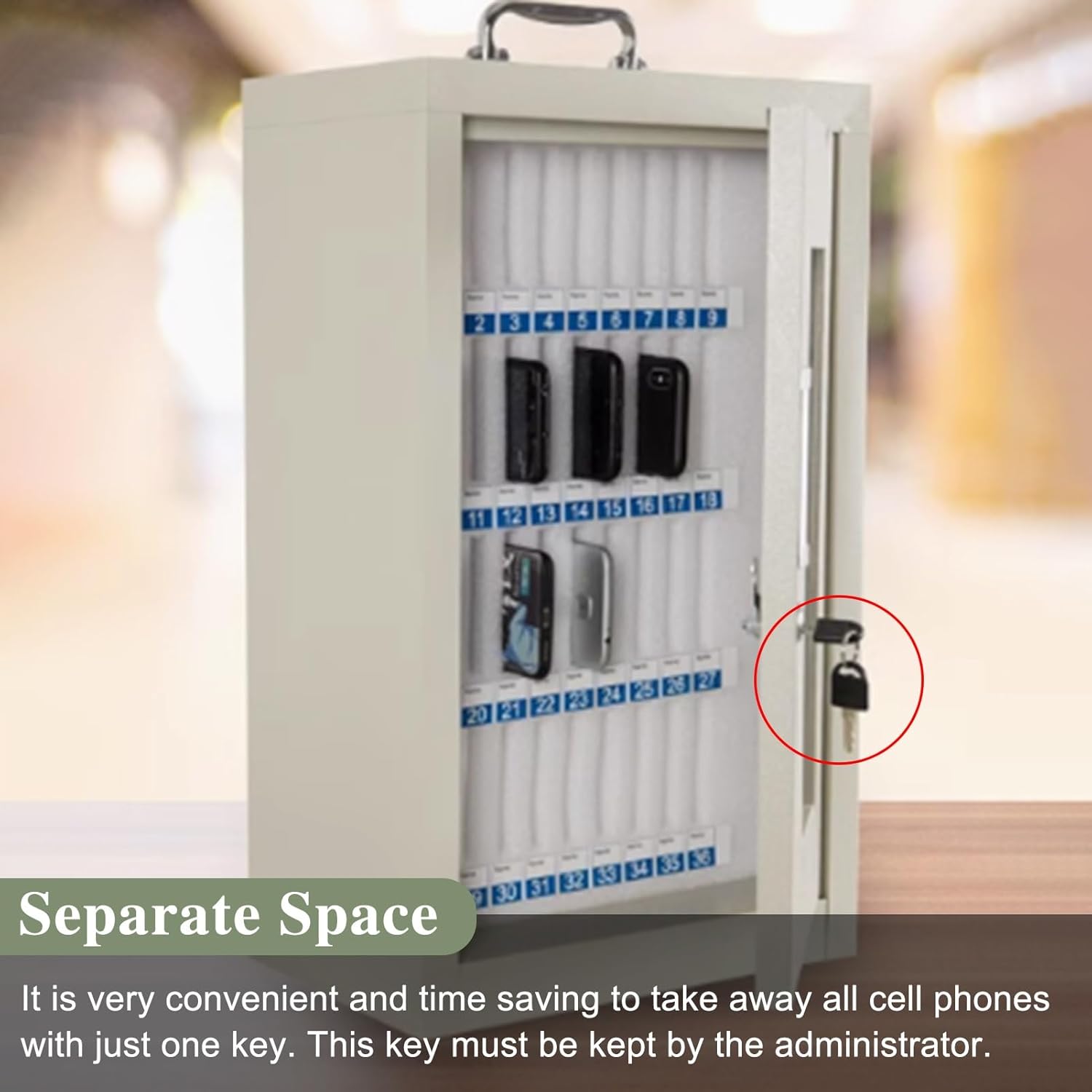 Rectangular Steel Cell Phone Locker - Wall-Mounted Storage Cabinet with Handle, 60 Slots for Employee Phones, Secure Lock Box for Workplace Organization