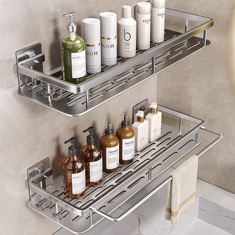Miniatura 2 de EVALAND Organizador de ducha de aluminio, estantes de ducha adhesivos, paquete de 2 con ganchos y barra para toallas, soporte de pared sin taladro,