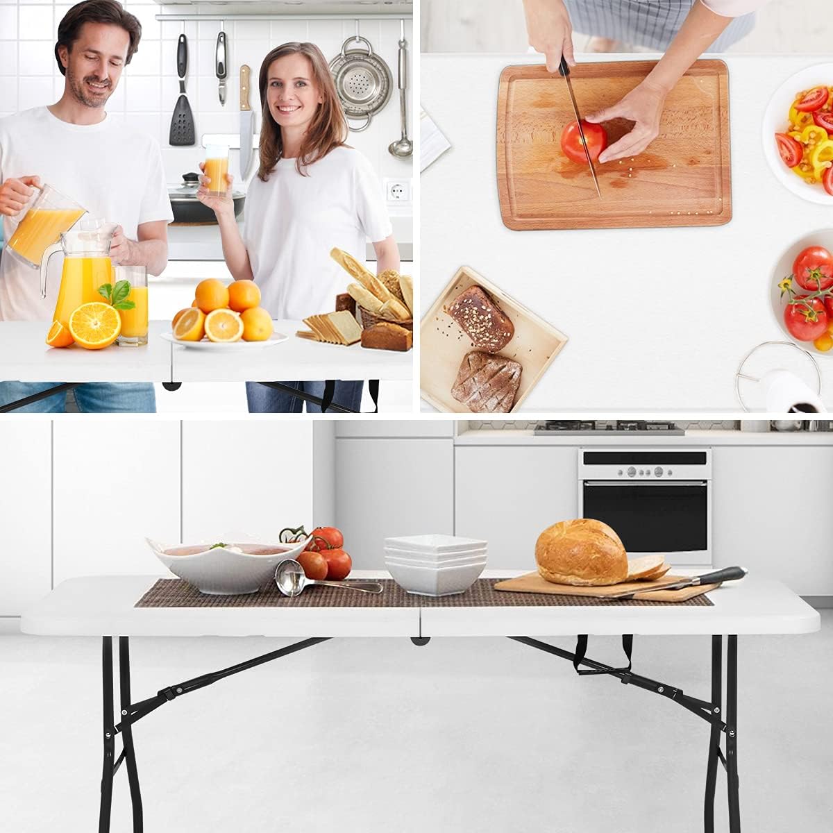 Dkelincs 6 ft Folding Table | Portable Picnic Table | Heavy Duty Folding Dining Table Adjustable Height | Fold in Half Design with Handle and Steel Legs for BBQ Party, Patio, Beach, Kitchen - White