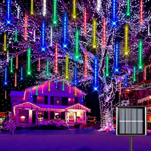 EctronyX Guirnalda de Luces Solares en Forma de Lluvia de Meteoros, 144 LED 8 Tubos IP65 Impermeable, Luz Solar Exterior para Jardín, Patio, Bodas, Navidad y Decoración de Fiestas