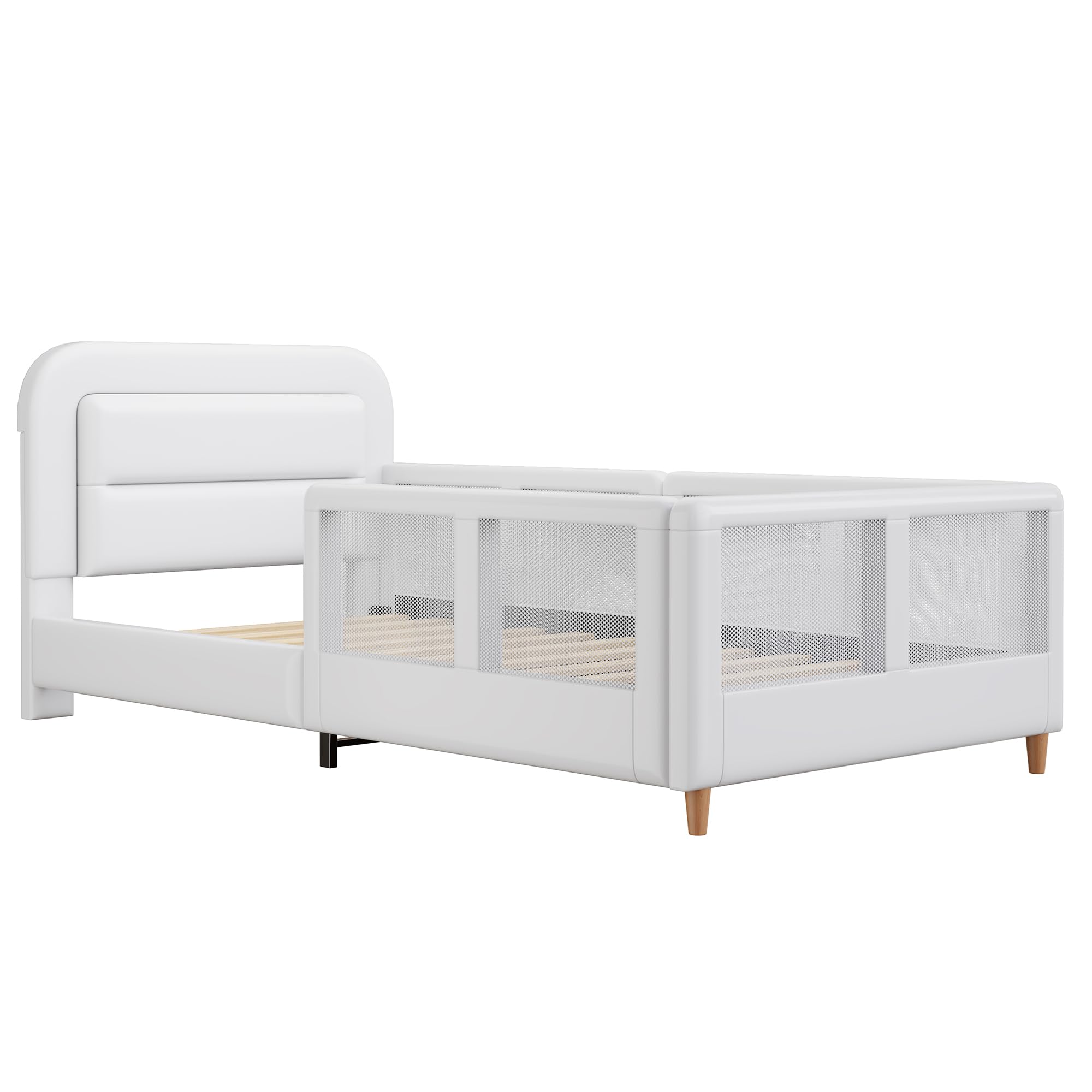 Kinderbett mit Lattenrost, Kopfteil und Rausfallschutz, Polsterbett, Einzelbett, Bezug aus Kunstleder, 90x200 cm