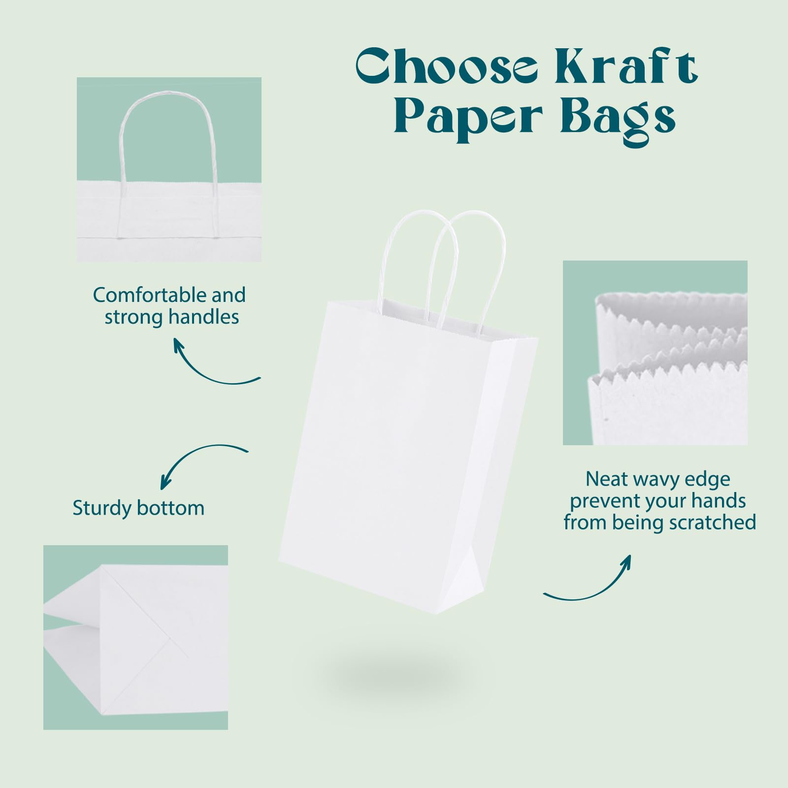 MESHA Gift Paper Bags 20Pcs 5.25 x 3.75 x 8 Inch White Small Kraft Shopping Bags Bulk with Handles, Reusable Bags for Small Business, Retail, Party Favor, Wedding, Made in USA