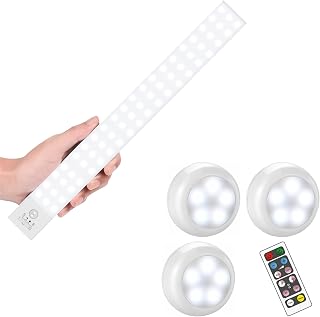 BLS 3 Pack Puck Lights with Remote Control + 1 Pack 60 LED Closet Lights Battery Powered