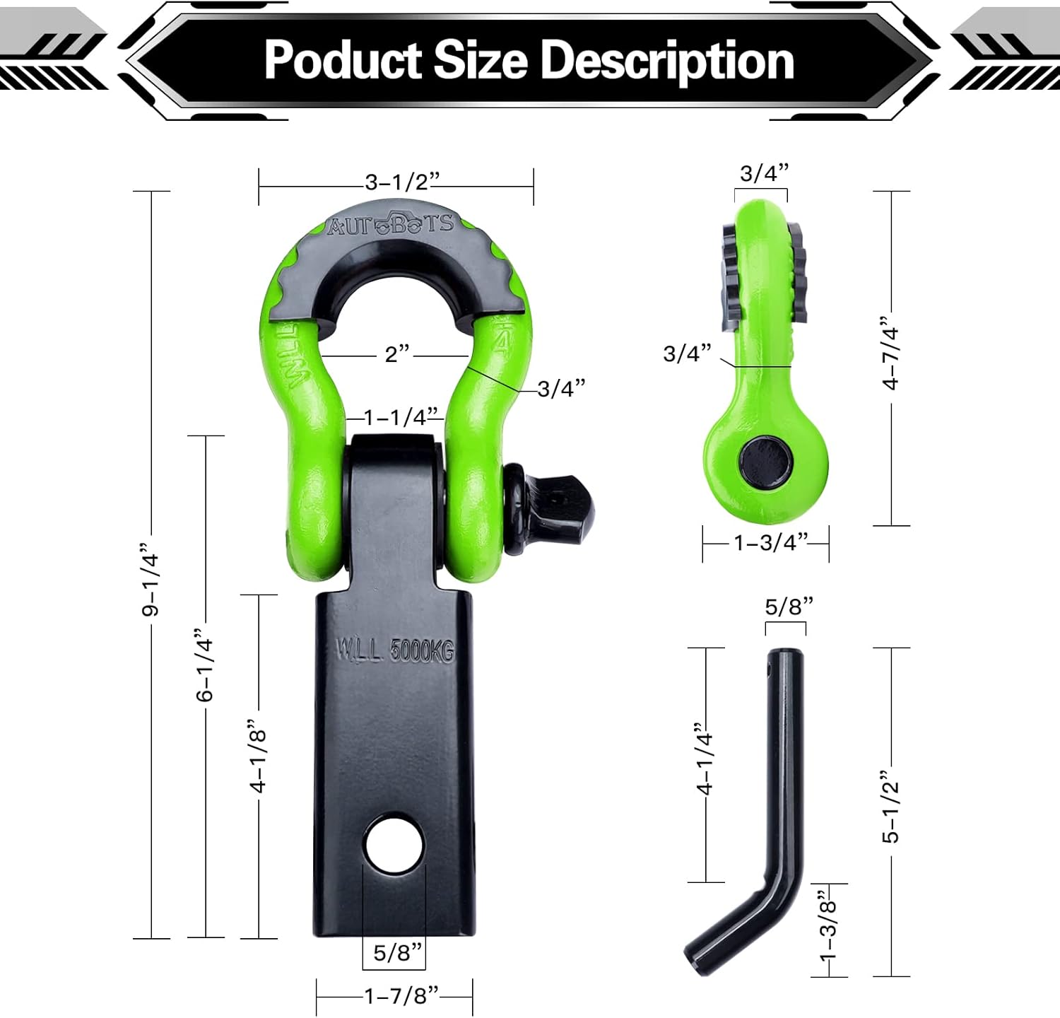 AUTOBOTS Shackle Hitch Receiver 2", 45,000 Lbs Break Strength Heavy Duty Receiver with 5/8" Screw Pin, 3/4" D Ring Shackles, Towing Accessories for Vehicle Recovery Off-Road, Green&Black