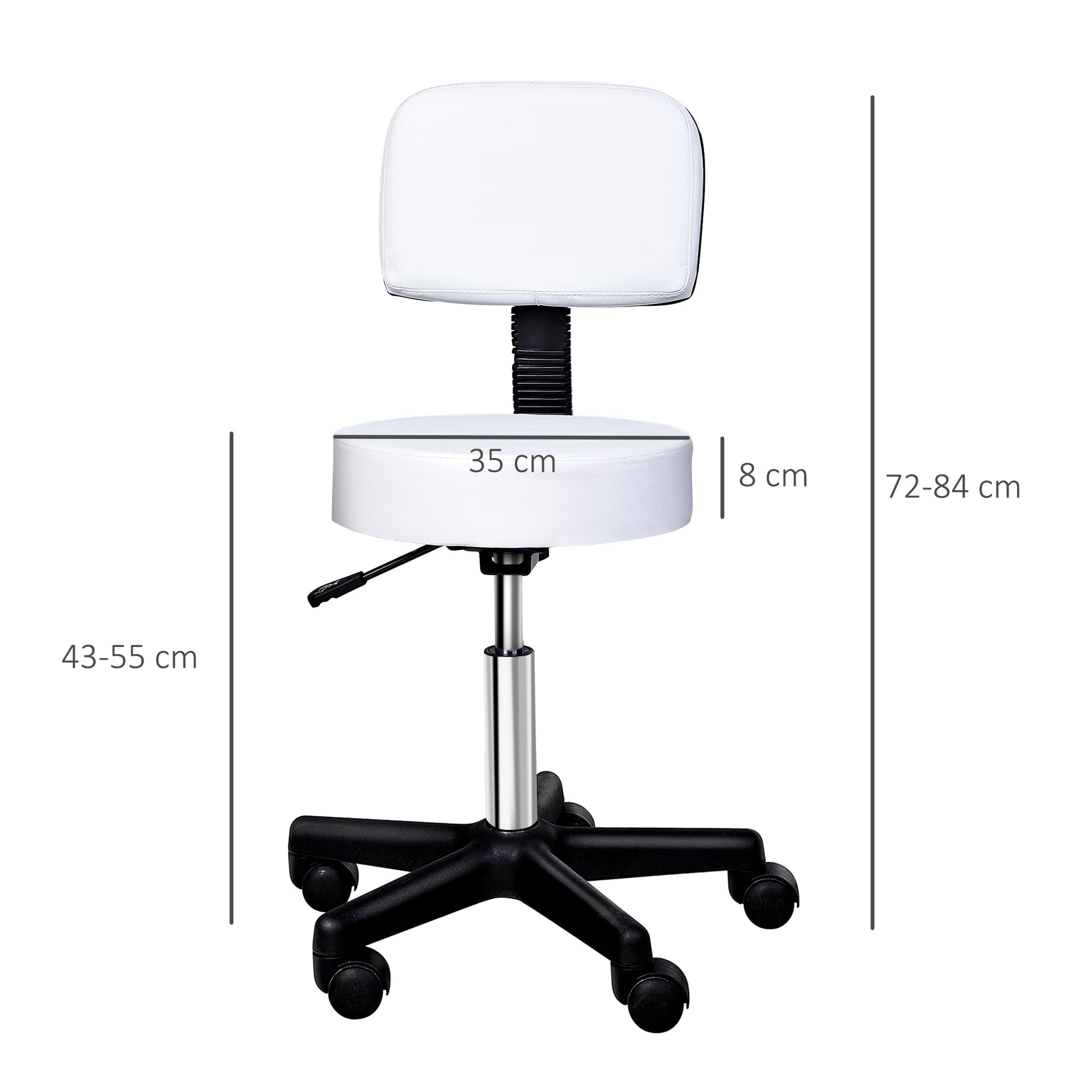 HOMCOM Tabouret Massage à roulettes réglable en Hauteur pivotant avec Dossier Ergonomique Blanc
