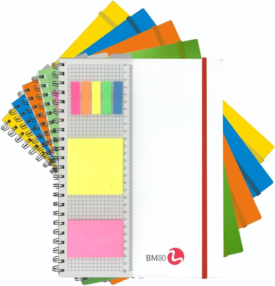 BM BeMore Spiral Pad PPL with Ruler 0121211, Spiral Block with Holes A4 Format with Ruler and Repositionable Stickers, 5 mm Ruler, 5 mm Squares, 80 GSM Paper