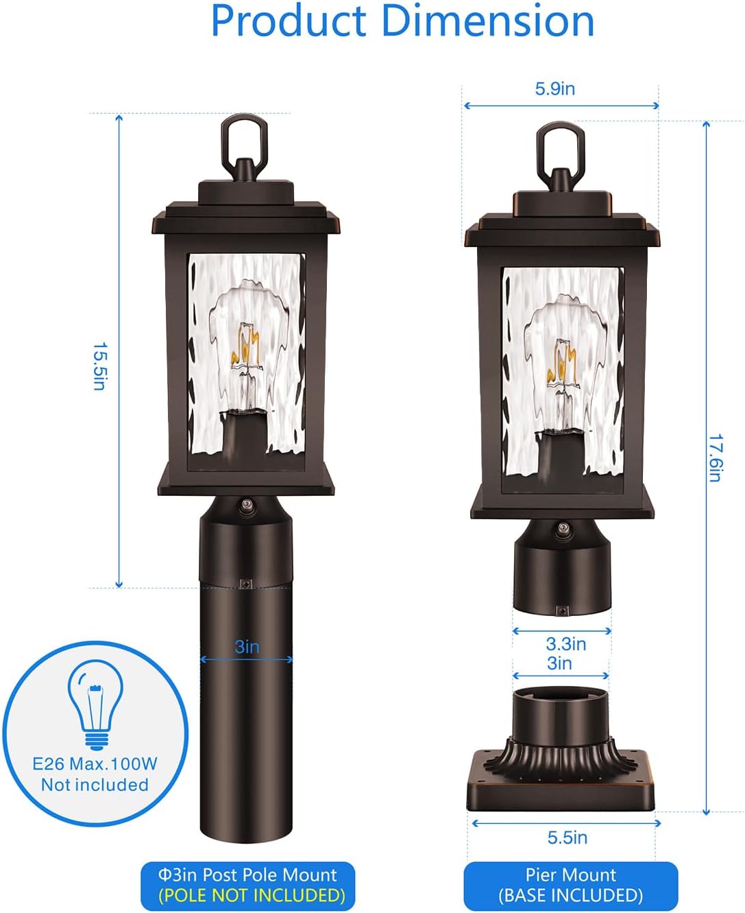 VIANIS Outdoor Post Lights Hardwired 120V, Oil Rubbed Bronze Dusk to Dawn Lantern Post for Outside with Pier Mount Base, Waterproof Aluminum ORB Exterior Lamp Post Light Fixture for Column Mount Light