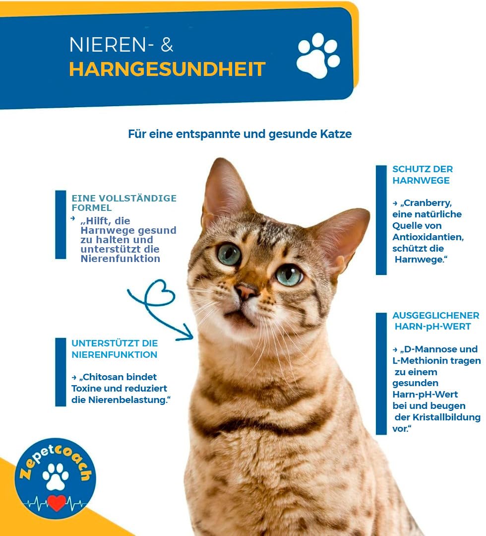 Harn- & Nierengesundheit für Katzen – ZPC – Cranberry, D-Mannose, Chitosan & L-Methionin – Vorbeugung von Blasenentzündung & Harnsteinen – 250 g