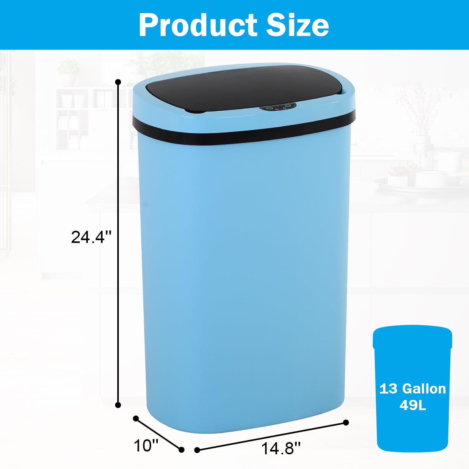 13 Gallons Trash Can with Lid Motion Sensor Garbage Can,Kitchen Trash Can,Waterproof & Mess-Proof Plastic Material for Kitchen Bedroom Home Office Set of 2 (Blue)