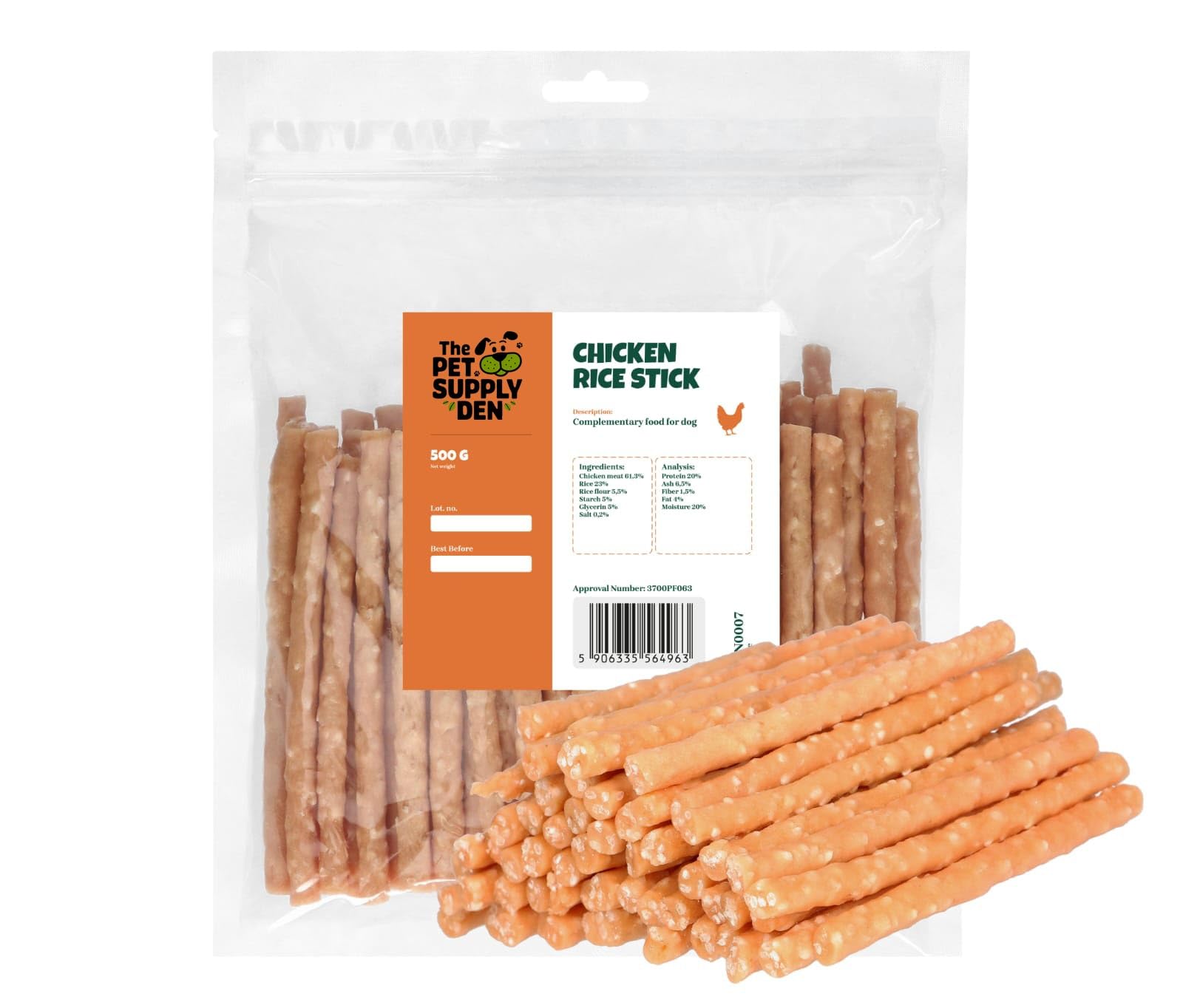 The Pet Supply Den 100% Natural Chicken Sticks with Rice for Dogs 500g - Grain-Free, High Protein Dog Treats - Healthy Training Snacks - No Additives or Preservatives.