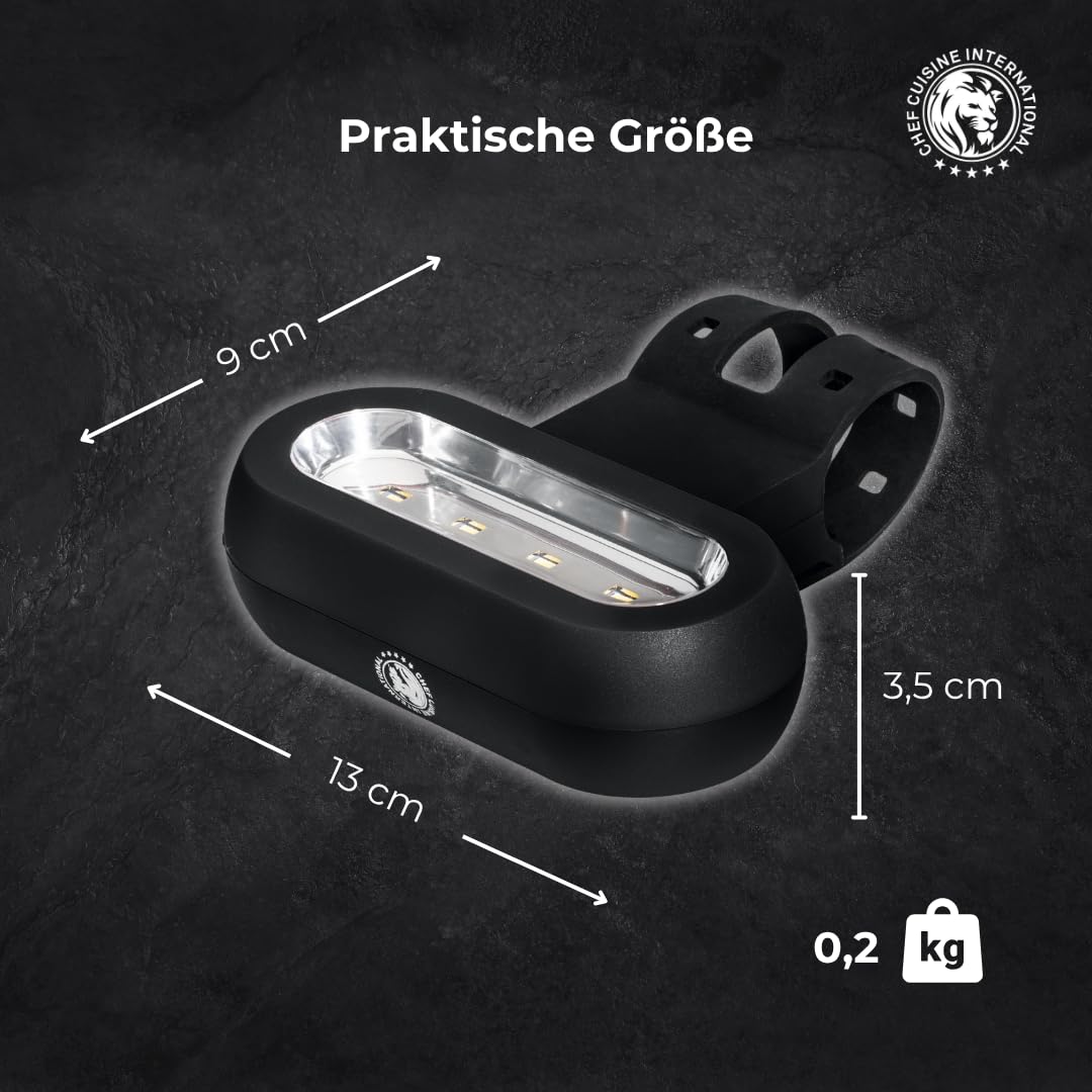 Chef Cuisine Grill Licht LED – Grill Beleuchtung mit drei Helligkeitsstufen, batteriebetriebene Kunststoff Grill Lampe, universelle Befestigung mit Silikonband, 4 LEDs, Leuchtdauer bis zu 18 Stunden